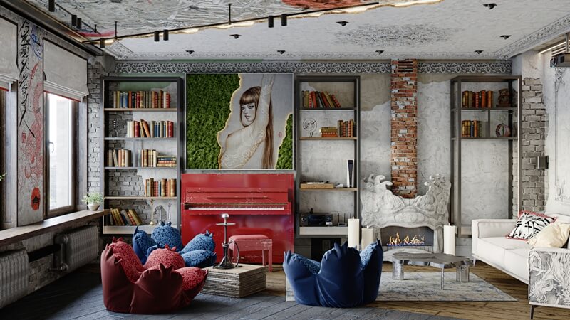 Project «Collector», Living room, view of the fireplace